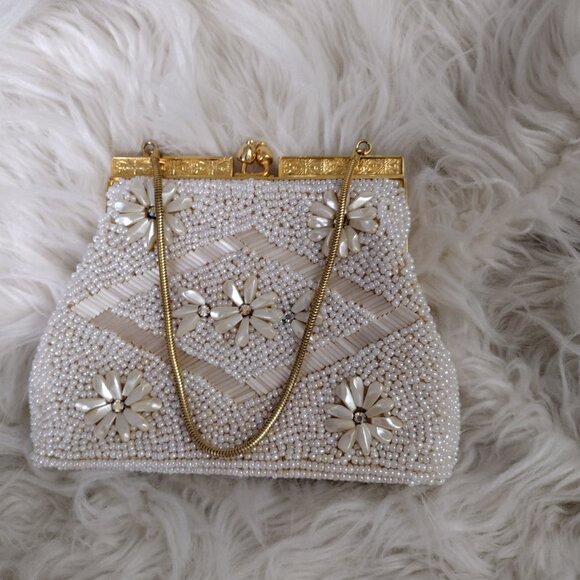 Vintage White Beaded Floral Evening Purse Gold Frame Handheld Clutch - Picture 9 of 11